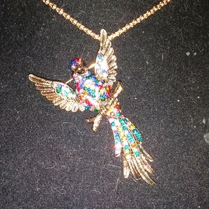 Multi Colored Crystal Bird Brooch Pendant Necklace